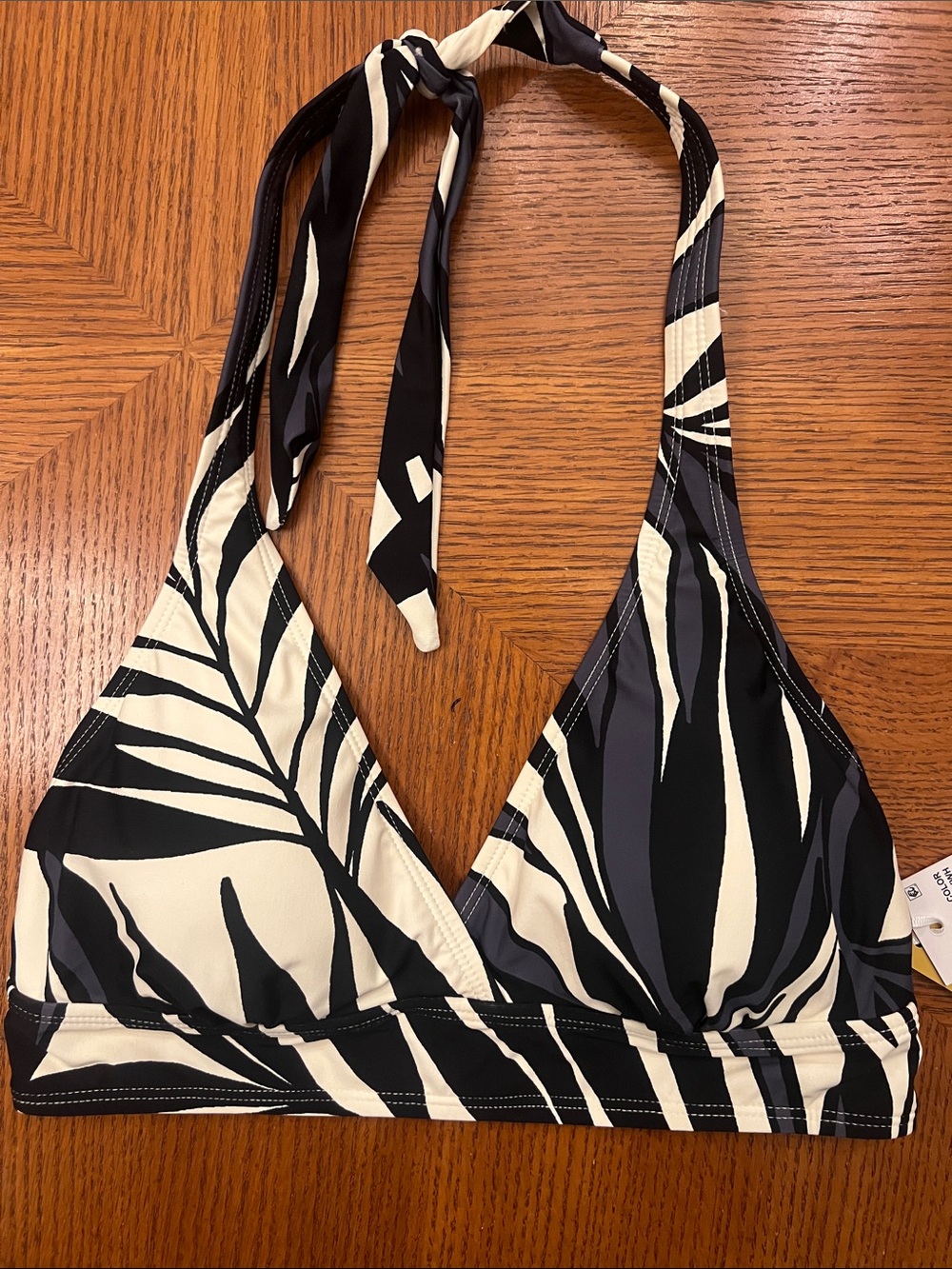 Anne Cole Black & Cream Tropical Print Halter Medium Bikini Top B28